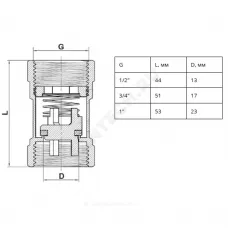 Клапан обратный латунь осевой Эко Ду 15 Ру16 Тмакс=110 оС ВР 1/2" диск пластик+EPDM SantechSystems
