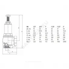 Клапан предохранительный угловой латунь Ду 25х25 Ру16 ВР G1"хG1" Рн=1...16бар 180С Benarmo